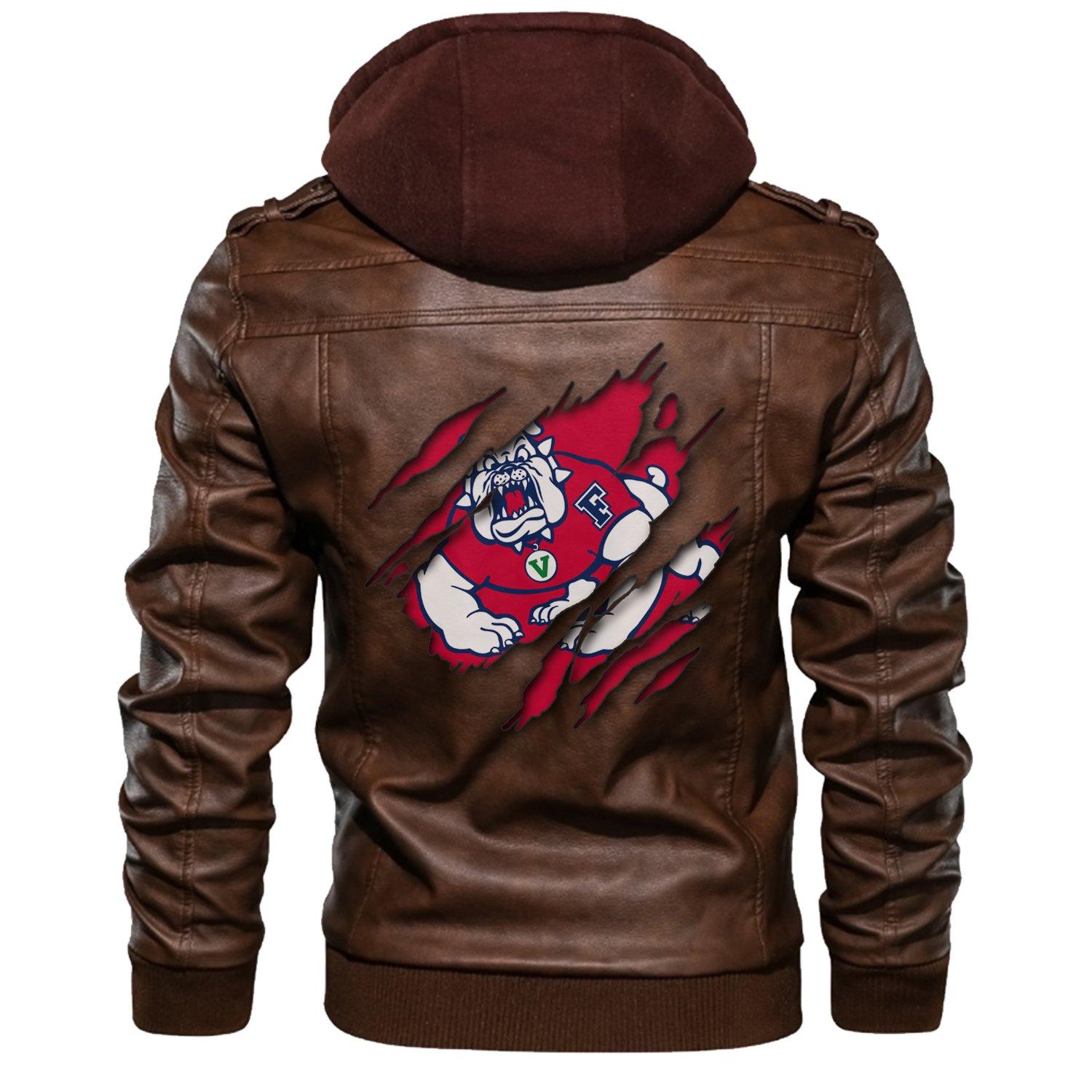 Fresno State Bulldogs NCAA Brown Leather Jacket Mens Leather Motorcycle ...