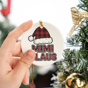 Mimi Claus Funny Buffalo Plaid Santa Hat Bold Text Family Holiday Matching Circle Ceramic Ornament