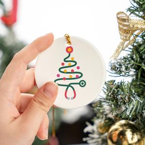 Minimalist Stethoscope Christmas Tree Graphic | Festive Healthcare Design with Colorful Lights Circle Ceramic Ornament