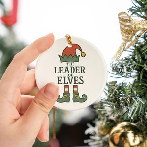 Leader Of Elves Christmas Family Group Gift Green Elf Hat Red Striped Legs Curly Toes Circle Ceramic Ornament
