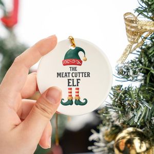 The Meat Cutter Elf Christmas Whimsical Emerald Green Hat Striped Socks Circle Ceramic Ornament