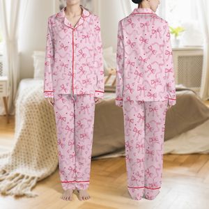 Women's Casual Valentine Pastel Pink Bow Print Short Sleeve Button Top & Elastic Shorts Satin Pajamas Set