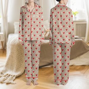 Women's Red Heart Love Print Cozy Beige Taupe Scallop Two-Piece Satin Pajamas Set
