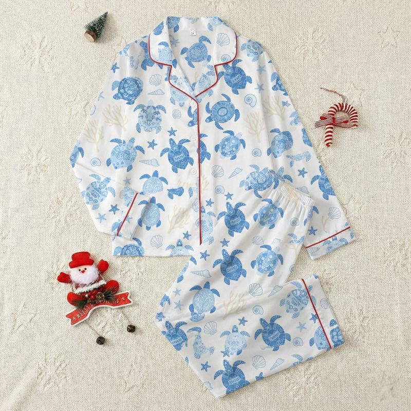 Turtle Pj Shell Women's Illustrative Hand-Drawn Sea Turtle Shell Starfish Coral Pattern ...