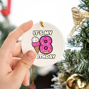 Eight-Year-Olds' Whimsical Pink Frosted Donut Eight Ice Cream Cone Sprinkles Birthday Celebration Art Circle Ceramic Ornament