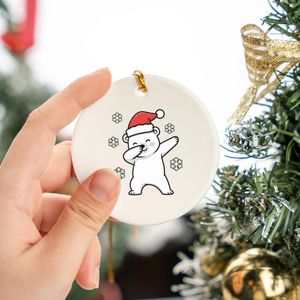 Holiday Enthusiasts' Jolly Dabbing Polar Bear Red Santa Hat White Snowflakes Bold Cartoon Art Circle Ceramic Ornament