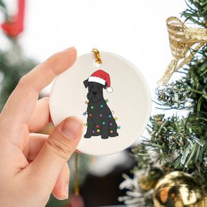 Giant Schnauzer Owners' Festive Black Dog Red Santa Hat Colorful Christmas Lights Flat Art Circle Ceramic Ornament