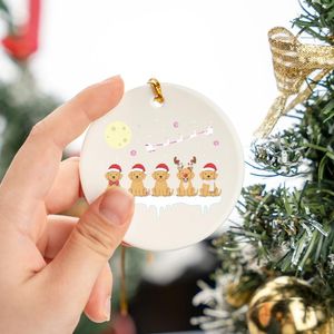 Golden Retriever Lovers' Five Whimsical Golden Retriever Puppies, Red Santa Hats, Reindeer Antlers, Snowy Christmas Night Circle Ceramic Ornament