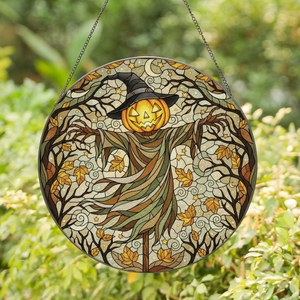 Fall Fantasy Aficionados' Tiffany Style Stained Glass Scarecrow, Amber Yellow Jack-o'-Lantern, Moss Green, Sepia Brown Autumn Mosaic Stained Glass Suncatcher