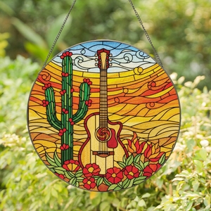 Guitar Lovers' Stained Glass Acoustic Guitar Desert Landscape Jewel Tone Mosaic Art Stained Glass Suncatcher
