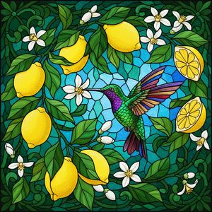 Nature's Jewel: Stained Glass Hummingbird, Lemons & Blossoms Art Print Stained Glass Suncatcher