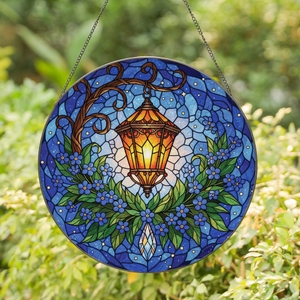 Art Lovers' Ornate Tiffany Glass Lantern, Amber Glow, Blue Forget-Me-Nots, Starfield Mosaic Stained Glass Suncatcher