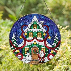 Christmas Lovers' Emerald Red Sapphire Stained Glass Christmas Tree Home Santa Snowman Winter Mosaic Stained Glass Suncatcher