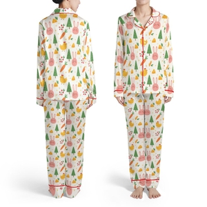 Kids Pink Rabbit Chicken Evergreen Tree Cheese Carrot Berry Leaf Star Off-White Fabric Satin Pajamas Set