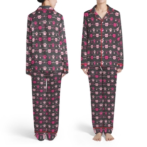 Cat Admirer Kawaii All-Over Cat Face Paw Star Hot Pink Light Pink Dark Charcoal Pattern Satin Pajamas Set