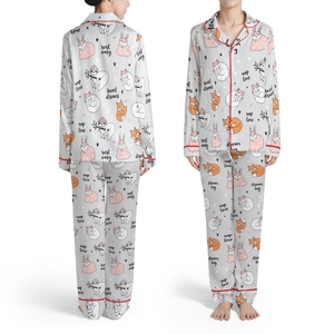 Sleepy Cats Foxes Sloths Bunnies Repeating Pattern Sweet Dreams Nap Time Text Grey Black White Pink Satin Pajamas Set