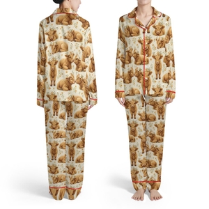 Baby Highland Calves Golden Brown Meadow Daisy Rose Wild Grass Pattern Satin Pajamas Set