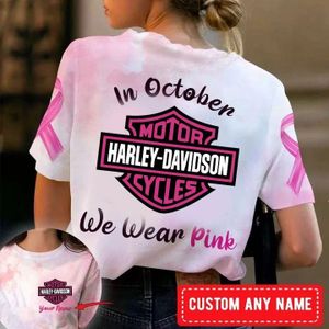 Harley Davidson Breast Cancer Awareness In October We Wear Pink Custom Name T-shirt Design 3D Full Printed Sizes S - 5XL - NABG86