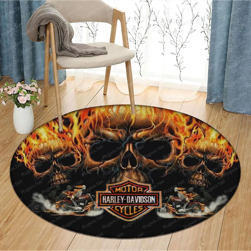 Harley Davidson Motorcycle Skulls Fire Round Rug NABH140D