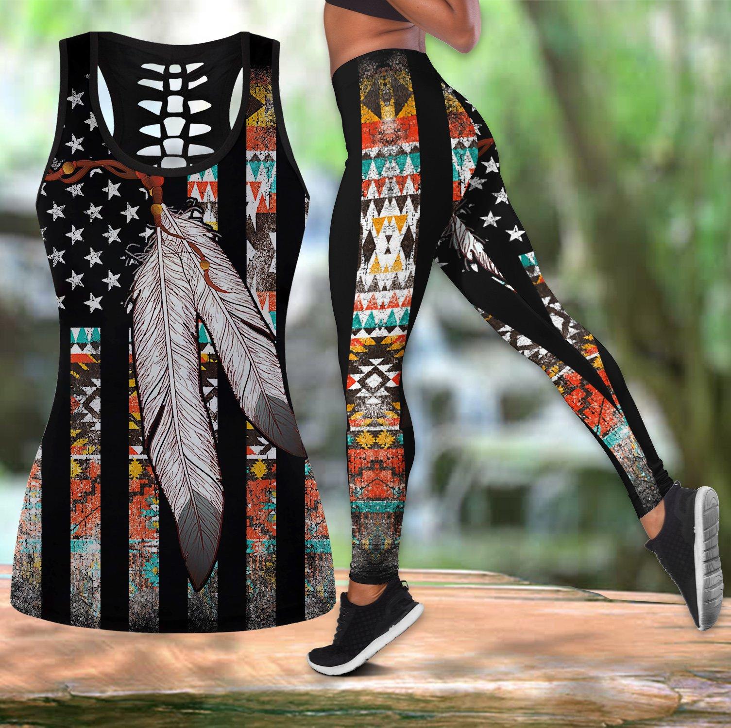 Gb Nat00108 Native American Flag Feather Hollow Tanktop Legging Set 5041