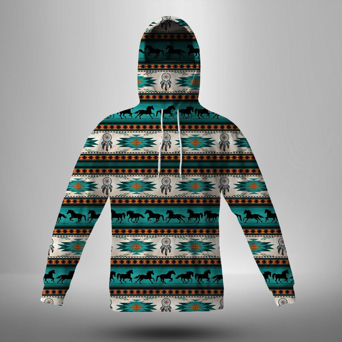 GB-NAT00245-03 Green Running Horses Native American 3D Hoodie With Mask no link