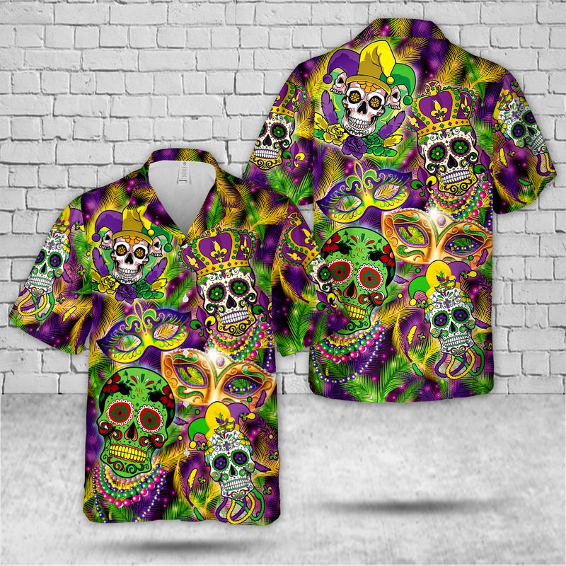 Mardi Gras Sugar Skull Hawaiian Shirt