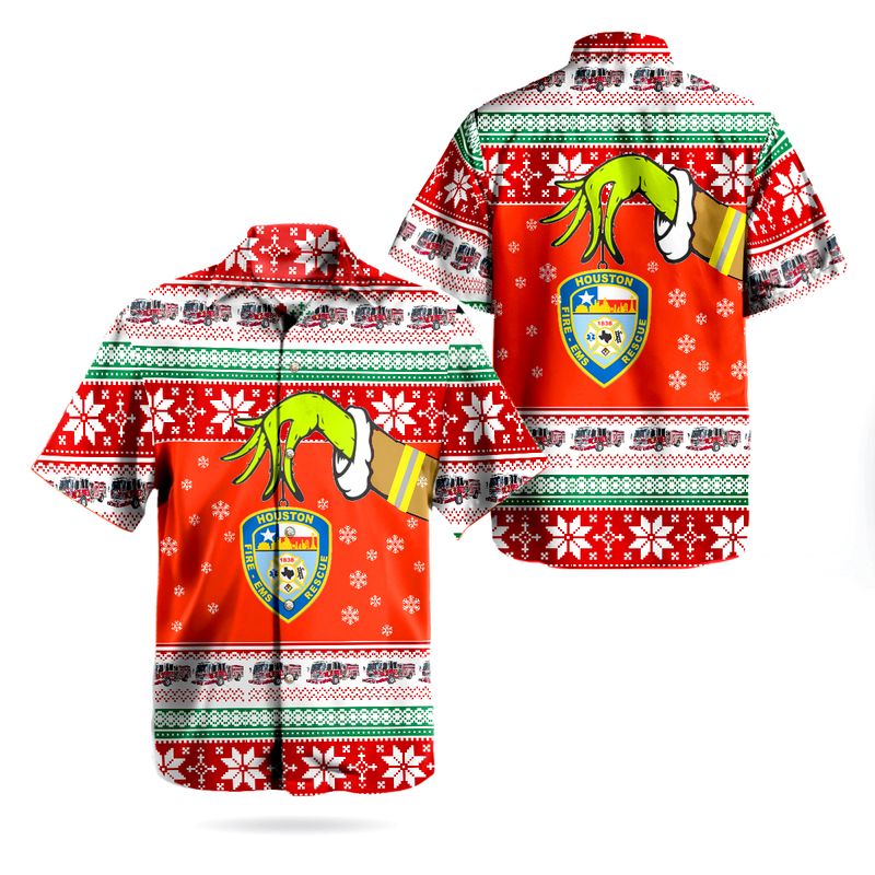Houston Fire Department Fire Engine Ugly Christmas Hawaiian Shirt