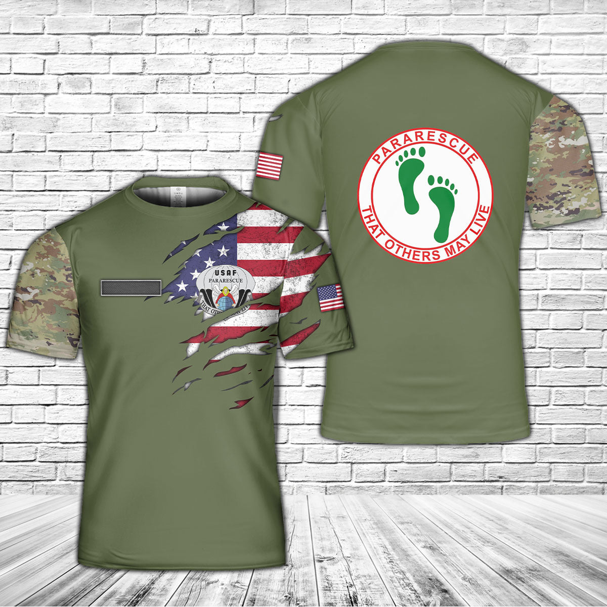 Custom Name US Air Force Pararescue PJ Green Feet T-Shirt 3D