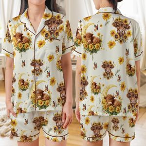Highland Cow Sunflower AOP Satin Short-Sleeve Pajamas Set NLSI2507PL10
