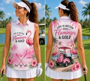 Pink Flamingo Golf Cart Paradise Women's Sleeveless Athleisure Polo Shirt TT0906PK06