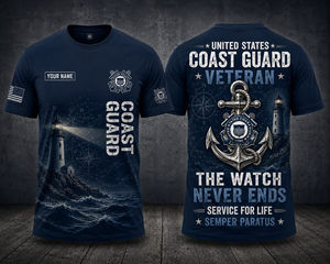 Custom Name US Coast Guard Veteran The Watch Never Ends 3D T-Shirt TT2106PK05