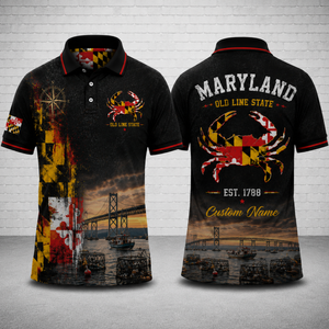 Custom Name Maryland Blue Crab Polo Shirt - Chesapeake Bay Old Line State Polo TT0807PK01