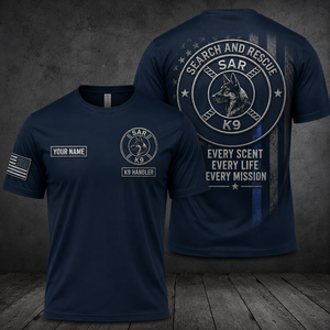 Custom Name Search and Rescue K9 Handler Memorial 3D T-Shirt - Thin Blue Line SAR Dog TT1307PK03