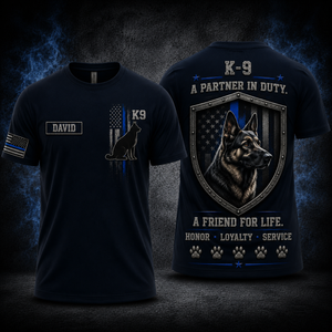 Custom Name Police K9 German Shepherd Shield 3D T-Shirt - Personalized Thin Blue Line Gift TT1707PK03