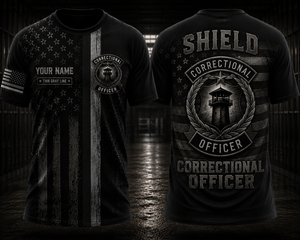 Custom Name Thin Gray Line Shield Correctional Officer 3D T-Shirt - Personalized Gift TT2307PK07