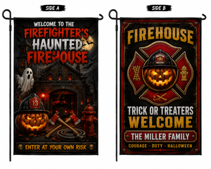Custom Firefighter Halloween Double Sided Garden Flag Personalized Family Name Firehouse Yard Decor TT1108PK07