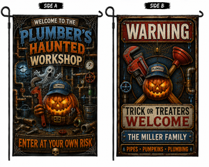 Custom Plumber Haunted Workshop Halloween Double Sided Garden Flag Personalized Family Name Yard Decor TT1108PK12