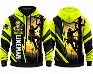 Personalized Lineman 3D Hoodie - Neon Yellow Powerline Sunset Edition TT2010PK02