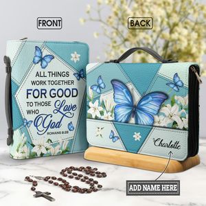Customized Butterfly Bible Holder, All Things Work Together For Good Romans 8:28, Christian Gifts For Women Handmade Bible Cover Case With Handle M-2XL