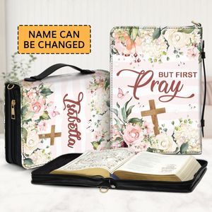 Personalized Peony Watercolor Bible Cover, But First Pray, Christian Gifts For Women Faith, Bible Case For Girls Handmade Bible Cover Case With Handle M-2XL