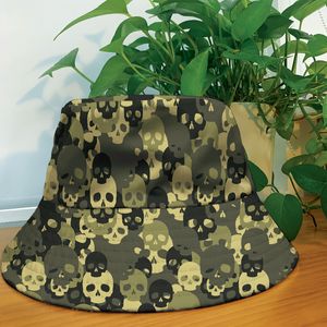 Customized Camouflage Green Skulls Pattern Bucket Hat Spooky Happy Halloween Gift Bucket Hat 100% Polyester One Size