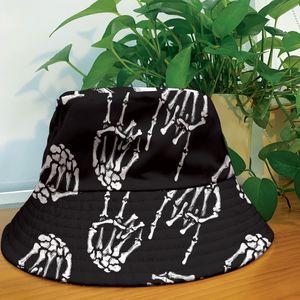 Customized Skull Hand Sign Bones Bucket Hat Gothic Happy Halloween Gift For Friends Bucket Hat 100% Polyester One Size