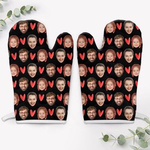 Custom Face Heart Pattern Oven Mitts Personalized Oven Mitt Funny Gift For Cooking Lover Custom Photo Oven Mitt And Pot-Holder Polyester Cotton