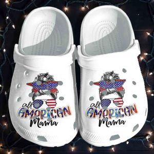 All American Mama Messy Bun Hair Style American Flagmother Classic Clogs 4th July Gift Idea Mother's Day Gift Kid & Adult Unisex Clogs Shoes EVA