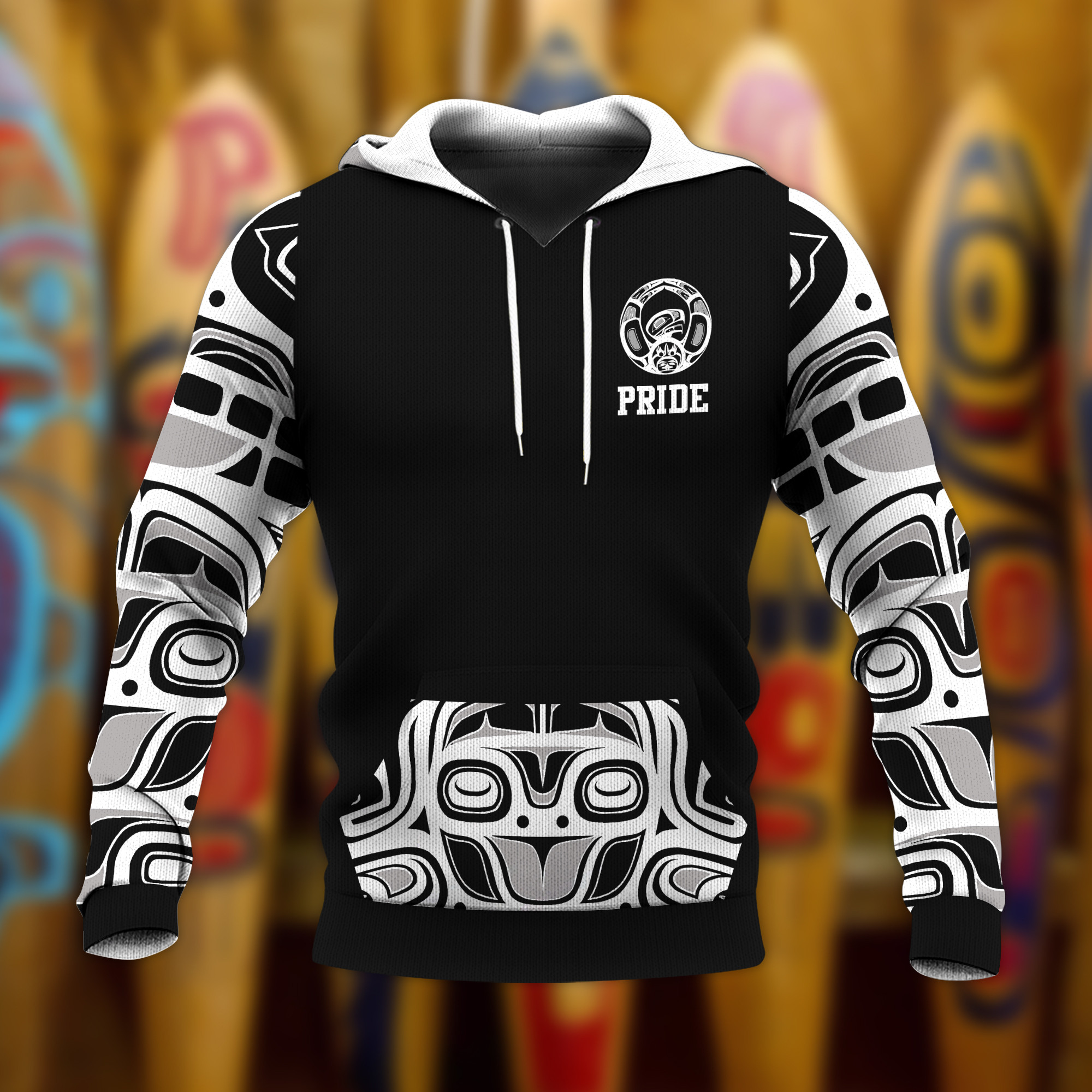 Haida Art Style Hoodie Bear Raven Pacific Northwest Symbolism Merch Mens