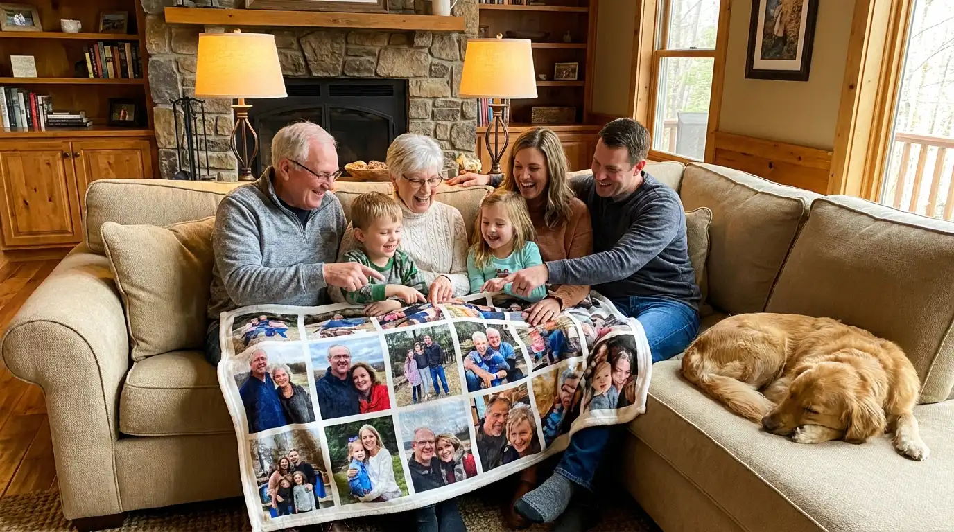 Family gathered around a custom photo blanket in a cozy living room