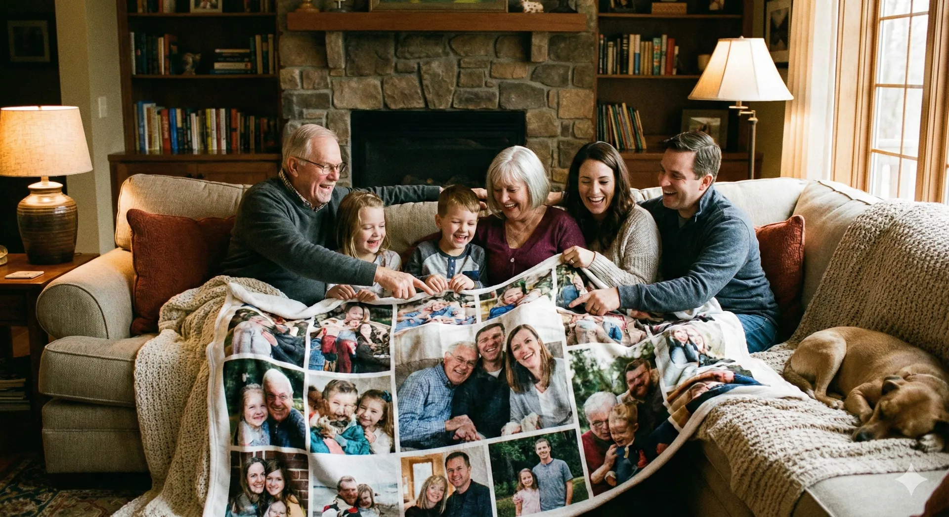 Family gathered around a custom photo blanket in a cozy living room