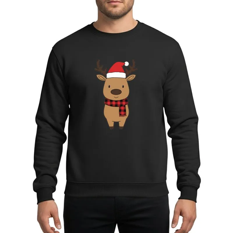 Festive Celebrators' Whimsical Tan-Brown Reindeer with Red Buffalo Plaid Scarf & Christmas Santa Hat Art Sweatshirt - 1