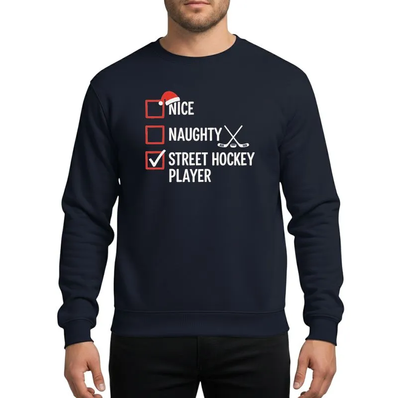 Street Hockey Player's Whimsical Hand-Drawn White Red Nice Naughty Santa Checklist Motif Sweatshirt - 1