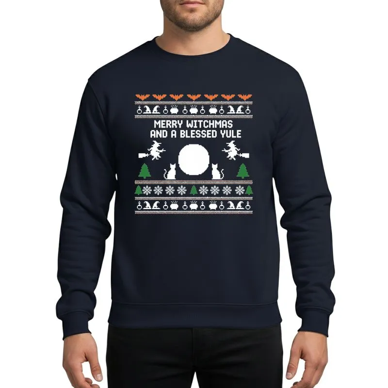 Whimsical Holiday Fans' Magenta Pixel Art Witchmas Yule Cat Witches Ugly Sweater Pattern Sweatshirt - 1